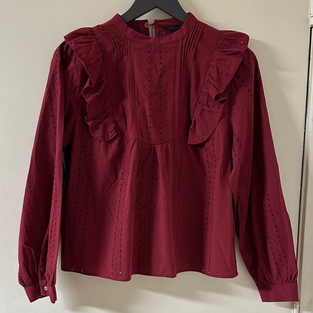 Zara Eyelet Ruffle Long-Sleeve Blouse - Burgundy